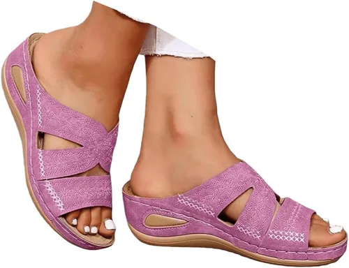 Miniatura 7 de Sandalias ortopédicas para mujer, plataforma elegante, tacón de cuña, sin cordones, puntera abierta, sandalias ortopédicas casuales de verano Rosa