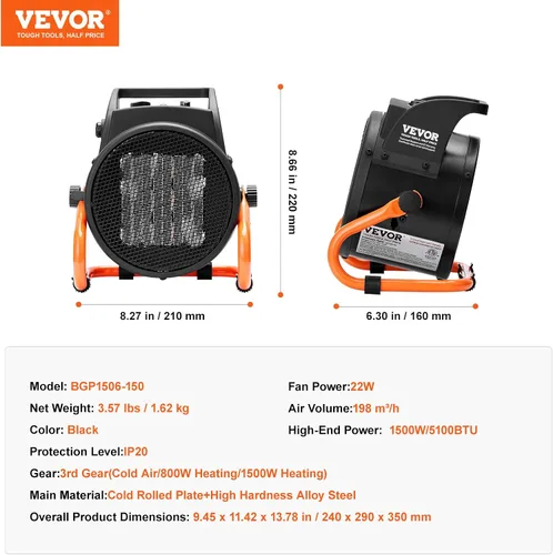 Miniatura 8 de VEVOR Calentador de invernadero, 1500 W PTC, calentamiento rápido con protección contra sobrecalentamiento, ventilador de tienda de cultivo pequeño