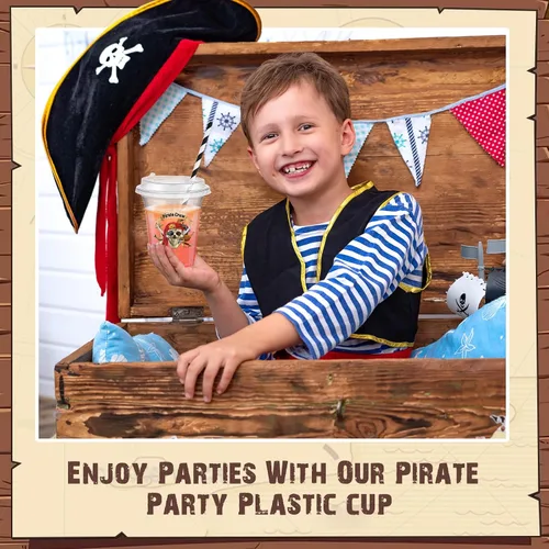 Miniatura 6 de Qinyoung Juego de 60 vasos de plástico pirata a granel de 14 onzas con temática del tesoro pirata, suministros de recuerdo para fiesta, café helado
