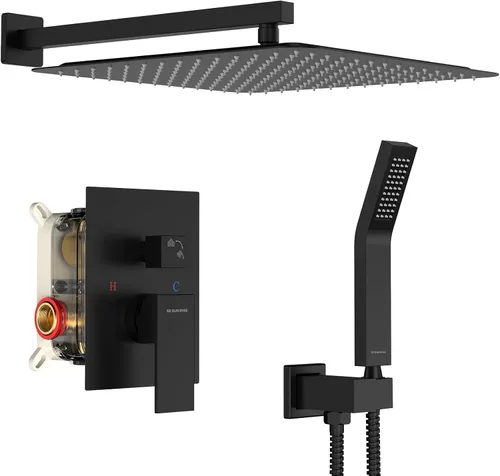 SR SUN RISE Juego de cabezal de ducha y mango cuadrado negro mate, accesorios de ducha montados en la pared, kits de reparación de grifo de ducha de
