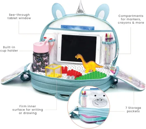 Miniatura 4 de Lulyboo Bandeja y mochila para asiento de automóvil de unicornio para niños pequeños Escritorio de viaje para niños con superficie de escritura