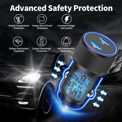 Miniatura 6 de 【MFi Certified】iPhone Car Charger Fast Charging, Linocell 60W Dual USB C Car Power Cigarette Lighter Car Carplay Charger with 2Pack Type C to Black