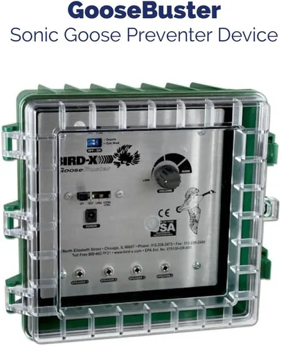 Miniatura 2 de Bird-X GooseBuster, dispositivo de señuelo de ganso sónico con 4 altavoces, utiliza sonidos grabados naturalmente, fácil de instalar, cubre hasta 7