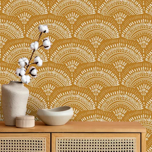 Miniatura 2 de VEELIKE Papel tapiz geométrico amarillo mostaza para despegar y pegar, papel tapiz geométrico bohemio, extraíble, de 17.7 x 118 pulgadas, apto