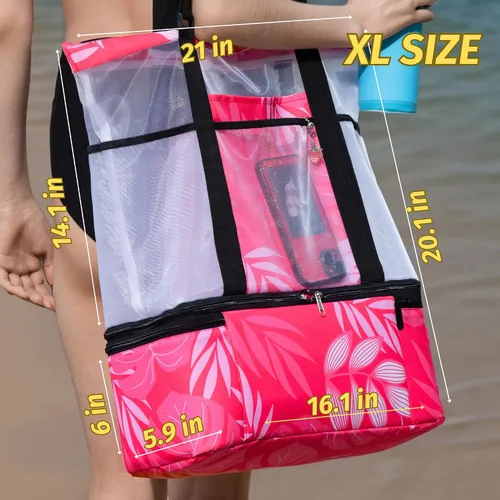 Miniatura 6 de L'OLGA Bolsa grande de malla con enfriador aislado desmontable, bolsa de fin de semana de playa