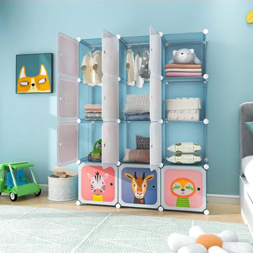 Miniatura 9 de Costzon Armario para Niños, Organizador de Almacenamiento Modular de Tocador de Dibujos Animados DIY con 12 Cubos y 2 Percheros para Colgar Ropa