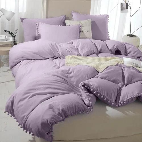 Miniatura 11 de ETDIFFE Juego de funda de edredón con pompones, color lavanda, tamaño individual, juego de funda de edredón de microfibra bohemio bohemio de 2