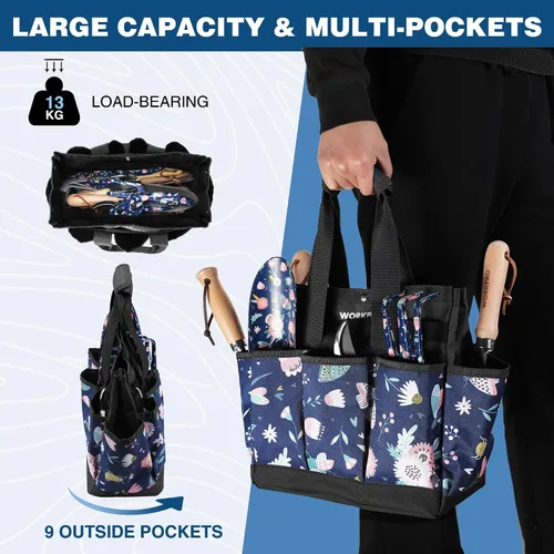 Miniatura 7 de WORKPRO Bolsa de herramientas de jardín, bolsa Oxford resistente de 9 bolsillos, soporte para kit de herramientas de jardinería, 12 x 12 x 6