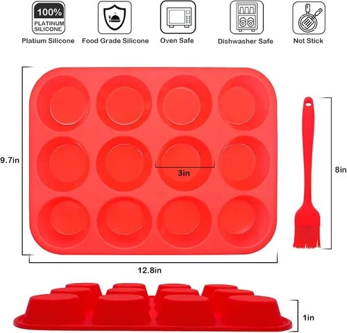 Miniatura 3 de Juego de moldes de silicona para muffins, 2 piezas de 2.8 pulgadas, 12 tazas, molde para mordedura de huevo, antiadherente, fácil liberación