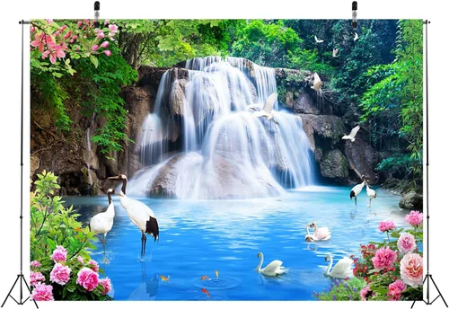 Miniatura 4 de BELECO Telón de fondo de tela de 5 x 3 pies para fotografía, bosque de montaña, paisaje de grandes cataratas, grúa de agua azul, flores