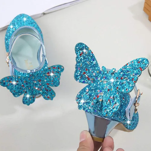 Miniatura 4 de Zapatos brillantes de mariposa Mary Jane para niñas y niñas, zapatos de fiesta de boda con purpurina para damas de honor, tacones bajos, zapatos