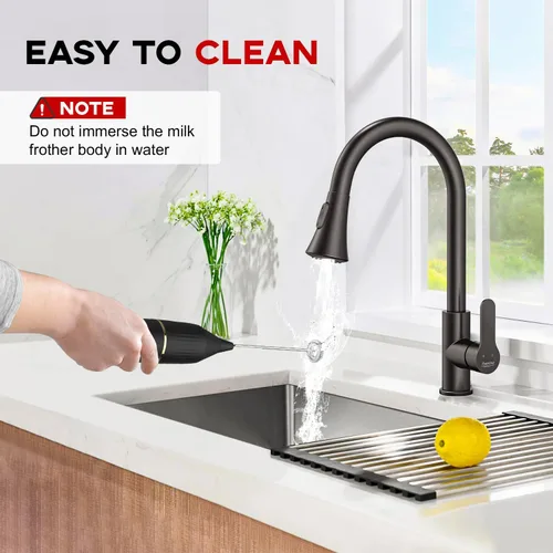 Miniatura 5 de Homexup Espumador de leche de mano de 14,000 rpm, mezclador de bebidas con soporte y cuchara agitadora, funcionamiento silencioso con un botón