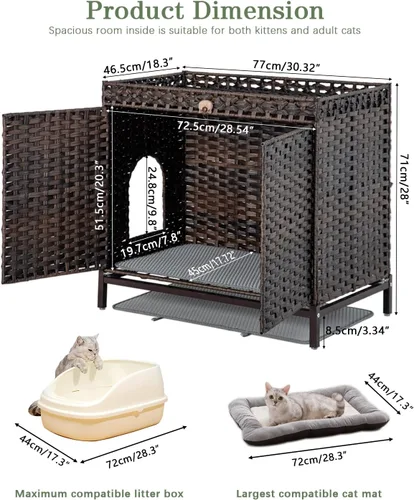 Miniatura 4 de SETVSON Mueble Caja de Arena para Gatos, Caja de Arena Oculta de Ratán Tejido a Mano con Alfombrilla, Casa Grande para Gatos con Patas Elevadas