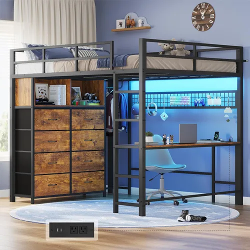 Miniatura 9 de ADORNEVE Cama tipo loft de tamaño individual con escritorio y 8 cajones de almacenamiento, cama alta de metal individual con luces LED y estación