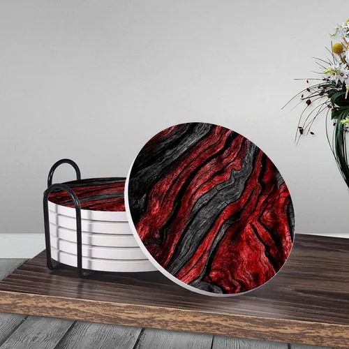 Miniatura 3 de HUXJOKO Juego de 6 posavasos de cerámica absorbente de grano de madera rojo y negro, tapete redondo de piedra, con base de corcho y soporte de metal