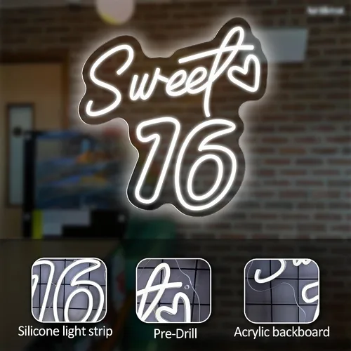 Miniatura 6 de Decoraciones de neón para fiestas de 16 años con texto en inglés «Sweet 16», decoración de cumpleaños para niñas, brillo vibrante para fiestas