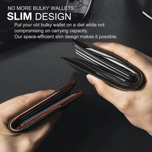 Miniatura 7 de GSOIAX Billetera delgada para hombre minimalista de cuero genuino fibra de carbono con bloqueo RFID de cuero vacuno plegable con caja de regalo