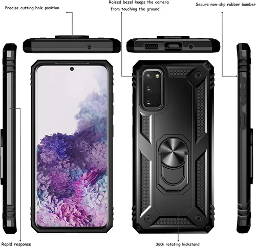 Miniatura 4 de Androgate Funda para Samsung Galaxy S20 FE con protectores de pantalla de cristal, soporte de anillo de metal de grado militar con soporte de Negro