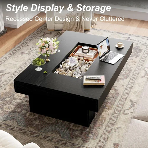 Miniatura 3 de LVB - Mesa de café negra, mesa de sala moderna de madera con LED y almacenamiento, mesa central única de gran tamaño y forma rectangular con luz