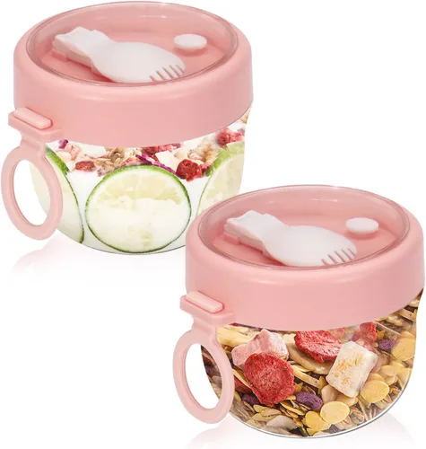 2 recipientes de avena para la noche con tapas, cuchara de 20 onzas, tarros de yogur de plástico portátiles, tazas de desayuno para adultos, tarros
