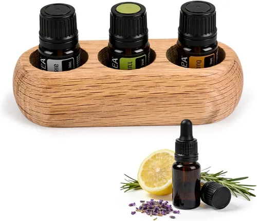 RoseFlower Soporte organizador de madera para exhibición de aceites esenciales – 3 ranuras de madera de roble rojo – Capacidad para hasta 3 botellas