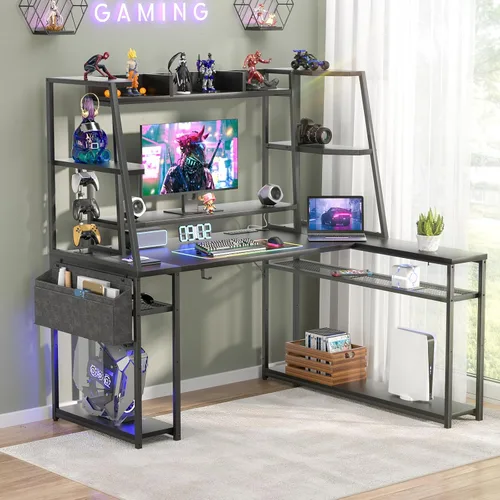 Miniatura 2 de armocity Escritorio para juegos en forma de L con gabinete y estantes, tiras de alimentación de luces LED de computadora de 47 pulgadas