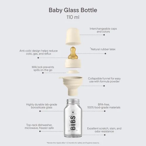 Miniatura 2 de BIBS Biberón de cristal para bebé. Anti-cólico. Pezón redondo de látex de caucho natural. Soporta lactancia materna, juego completo - 3.7 fl oz, nube