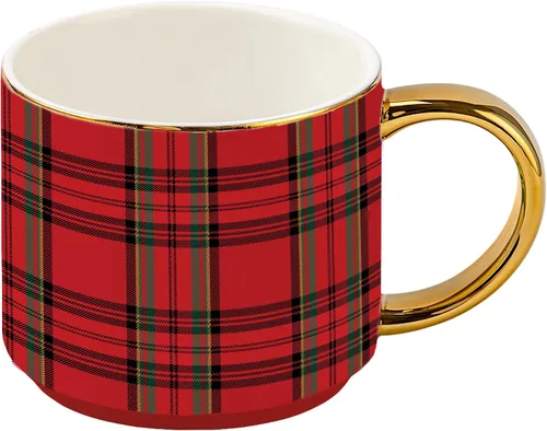 Sweet Water Decor Chaos Coordinator Taza de Café, Taza de Porcelana de Hueso Fino de 14oz, Diseño a Cuadros Verdes con Mango y Borde Dorados, Taza