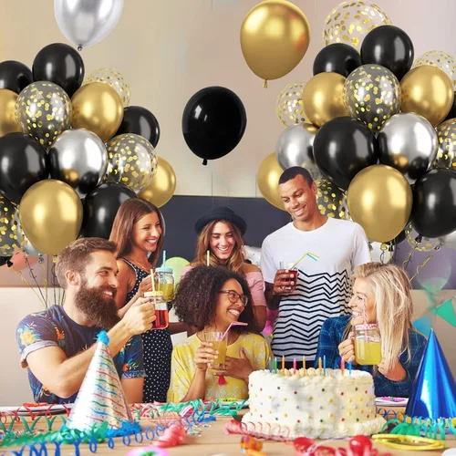 Miniatura 8 de Paready - Globos negros y dorados, 60 globos de 12 pulgadas de confeti dorado, globos de látex para fiestas con cintas para cumpleaños, graduación