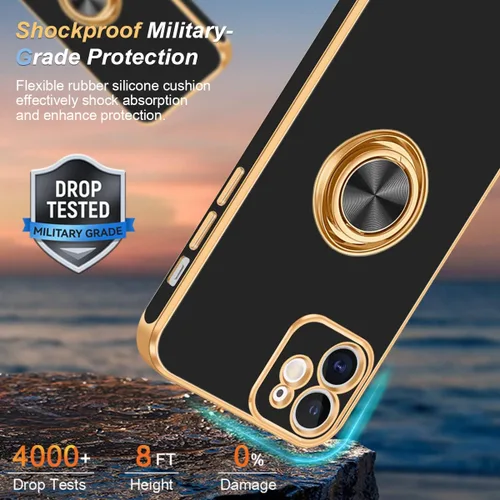 Miniatura 5 de Fingic Funda para iPhone 12 con Soporte de Anillo, [Soporte de Anillo Giratorio de 360° Magnético con Base] [Borde Dorado Brillante con Enchapado]