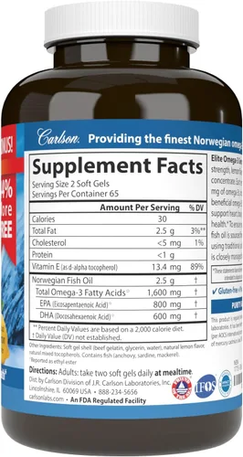 Miniatura 2 de Carlson - Gemas Elite Omega-3, 1600 mg de ácidos grasos omega-3 incluyendo EPA y DHA, suplemento de aceite de pescado noruego, capturado