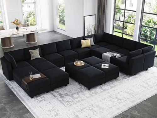 Miniatura 12 de Belffin Sofá modular de gran tamaño con tumbonas dobles en forma de U, sofá seccional reversible con almacenamiento de terciopelo gris