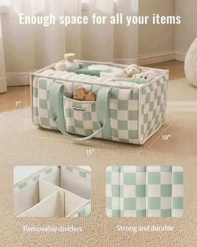 Miniatura 3 de Blissful Diary Organizador de pañales a cuadros, elegante cesta de almacenamiento para guardería, regalo para baby shower, artículos esenciales