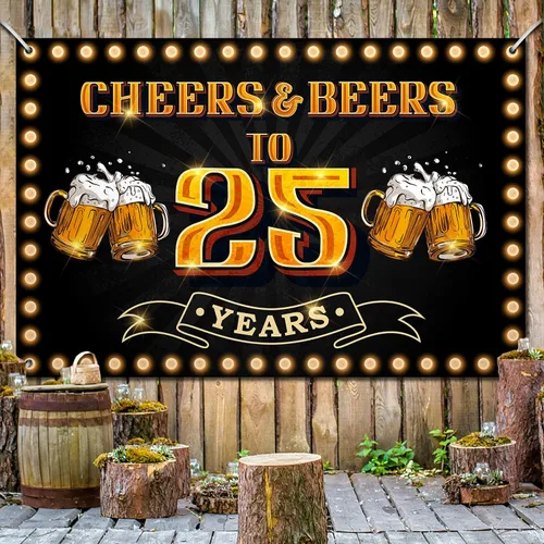 Miniatura 4 de Pancarta de texto «Cheers and Beers to 25 years Happy 25th Birthday» para hombres y mujeres, fotografía, cumpleaños, aniversario, fiesta