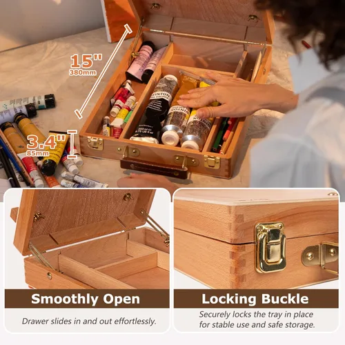 Miniatura 5 de DJAR Caballete de Mesa para Pintura, Caja de Bocetos de Madera de Haya Sólida Ajustable Caballete de Arte de Escritorio, Caja de Almacenamiento