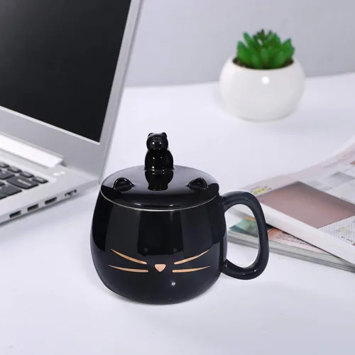 Miniatura 4 de Koolkatkoo Bonita taza de café de gato con tapa para teléfono celular, taza de porcelana de cerámica única para amantes de los gatos, regalo dorado