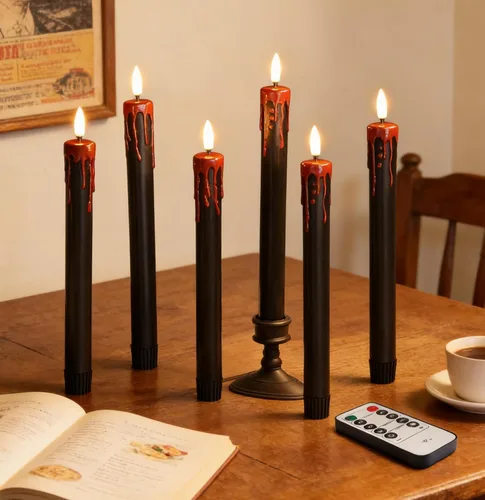 Miniatura 10 de Eywamage Velas cónicas sin llama de cera negra con control remoto, velas LED parpadeantes de cera que funcionan con pilas, juego de 6