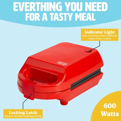 Miniatura 5 de Mini Sandwichera Tasty, Hace Sánidwiches, Paninis, Queso a la Parrilla, Postres, Resultados Rápidos, Fácil Limpieza, 600W, Roja Rojo