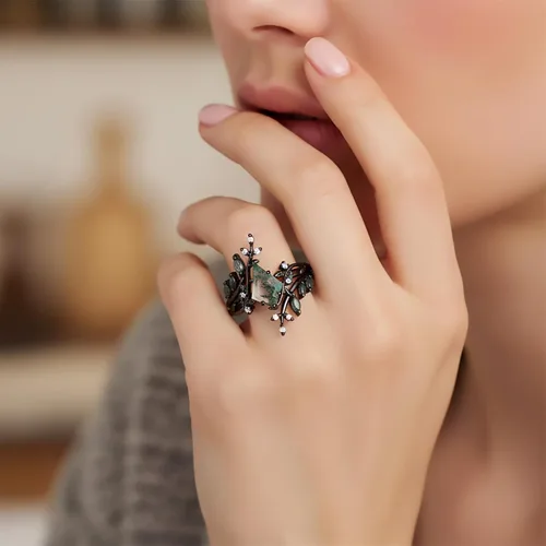 Miniatura 2 de Black Glod - Juego de anillos de compromiso de ágata musgo natural para mujer, anillo de compromiso de aniversario, plata de ley 925 o anillo