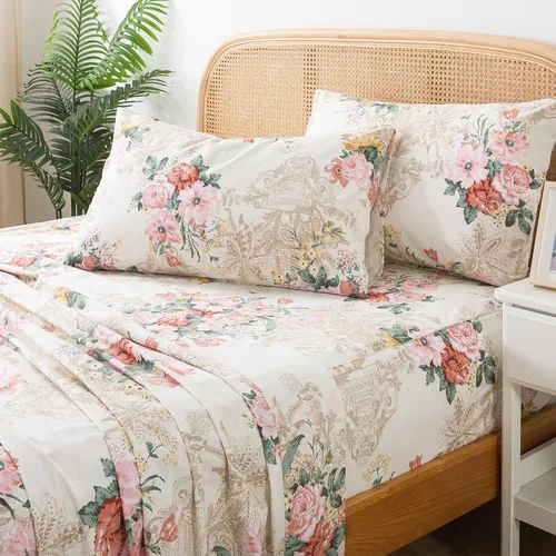 Miniatura 10 de Zusbest Juego de sábanas florales de 100 % algodón percal, color naranja y amarillo, juego de sábanas suaves y transpirables con diseño botánico