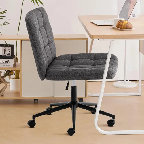 Miniatura 8 de Furniliving Silla de escritorio de oficina sin brazos, silla giratoria acolchada de tela de lino, silla de oficina ajustable en casa con ruedas