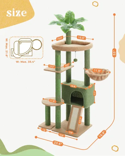 Miniatura 5 de PEQULTI - Árbol para gatos de 53 pulgadas para interiores, condominio grande, postes de rascado de sisal, hamaca y percha, diseño de cactus fresco