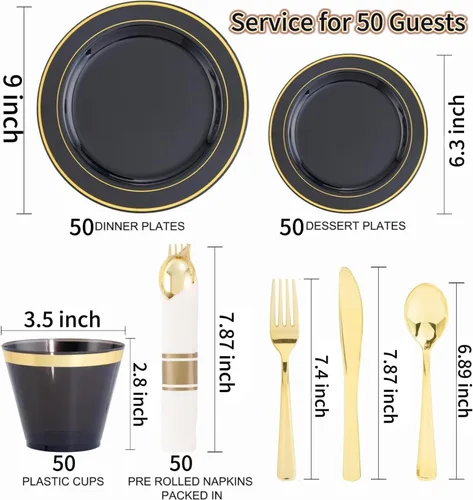 Miniatura 9 de 350 piezas de platos de plástico negro y dorado con cubiertos desechables, incluye 50 platos de cena de 9 pulgadas, 50 platos de postre de 6.3