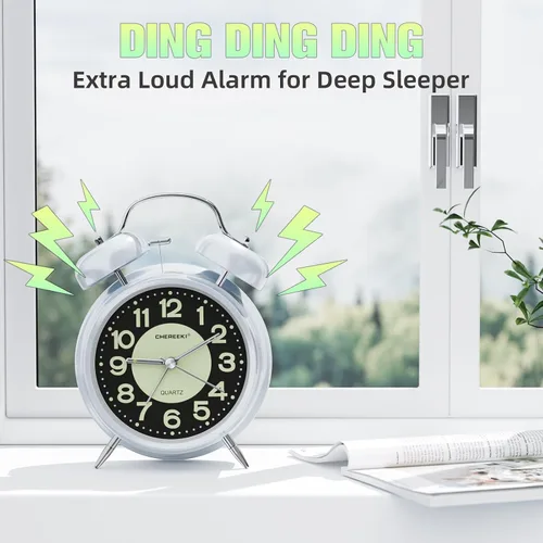 Miniatura 2 de CHEREEKI - Reloj despertador potente para personas que duermen profundamente, reloj analógico silencioso sin marcas con luz de fondo, esfera