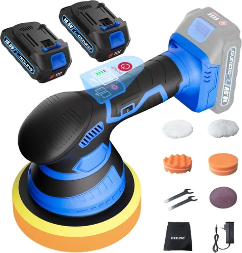 Pulidora inalámbrica para automóvil, 2 baterías de 2 Ah 21 V, kit de cera de 6 pulgadas, 6 velocidades variables, 5500 RPM, 5 tipos de almohadillas