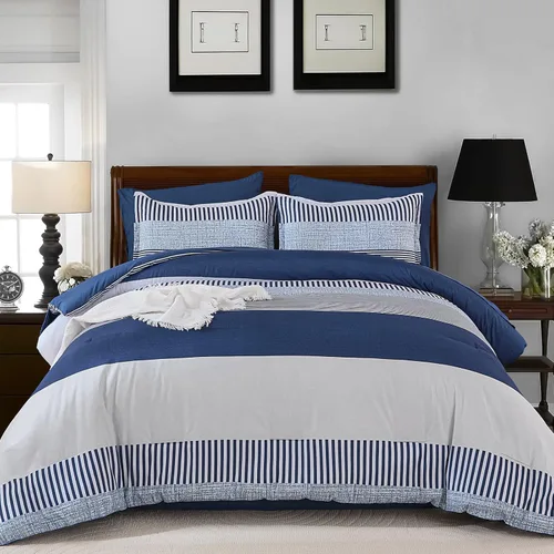 Miniatura 10 de Juego de edredón azul tamaño individual, edredón clásico a rayas para niños y niñas, juego de cama de 5 piezas en una bolsa, juego de ropa de cama