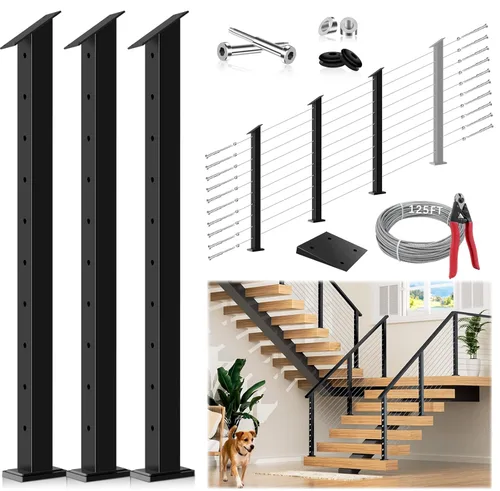Miniatura 17 de Poste de escalera con barandilla de cable negro de 36 pulgadas con parte superior fija inclinada, poste de riel de alambre de acero inoxidable T304