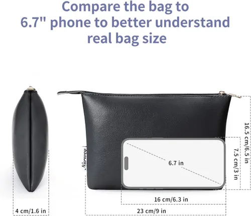 Miniatura 4 de Narwey Bolsa de Maquillaje Grande para Bolso de Cuero Vegano de Viaje Bolsa de Cosméticos con Cremallera para Mujeres, A-Negro
