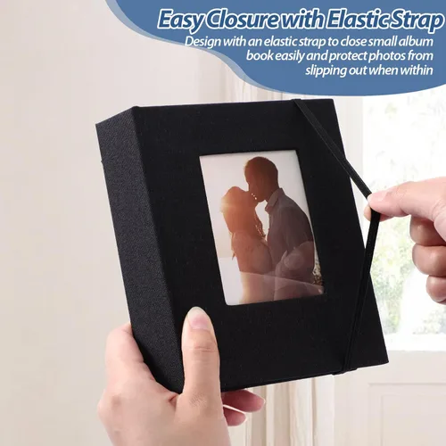 Miniatura 5 de Álbum de fotos pequeño de 6 piezas de 4 x 6 pulgadas, cubierta de lino con ventana frontal, álbum de recortes con capacidad para 52 fotos, mini Negro