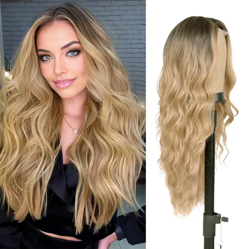 Miniatura 8 de Pelucas rubias 613 para mujer, con línea de cabello de encaje, largas, onduladas, de parte media, resistentes al calor, de pelo sintético de aspecto
